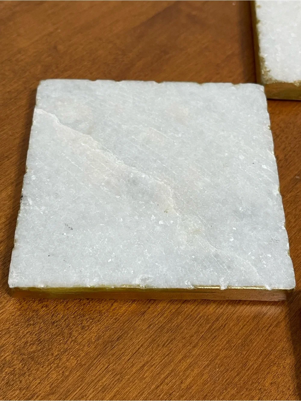 White Natural Stone Marble Sparkle Shimmery Square Coasters Gold Edges 4x4 4 Set